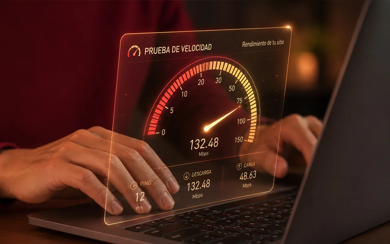 Manos escribiendo en una laptop frente a una prueba de velocidad con su medidor, el tiempo de respuesta y las cifras de carga.
