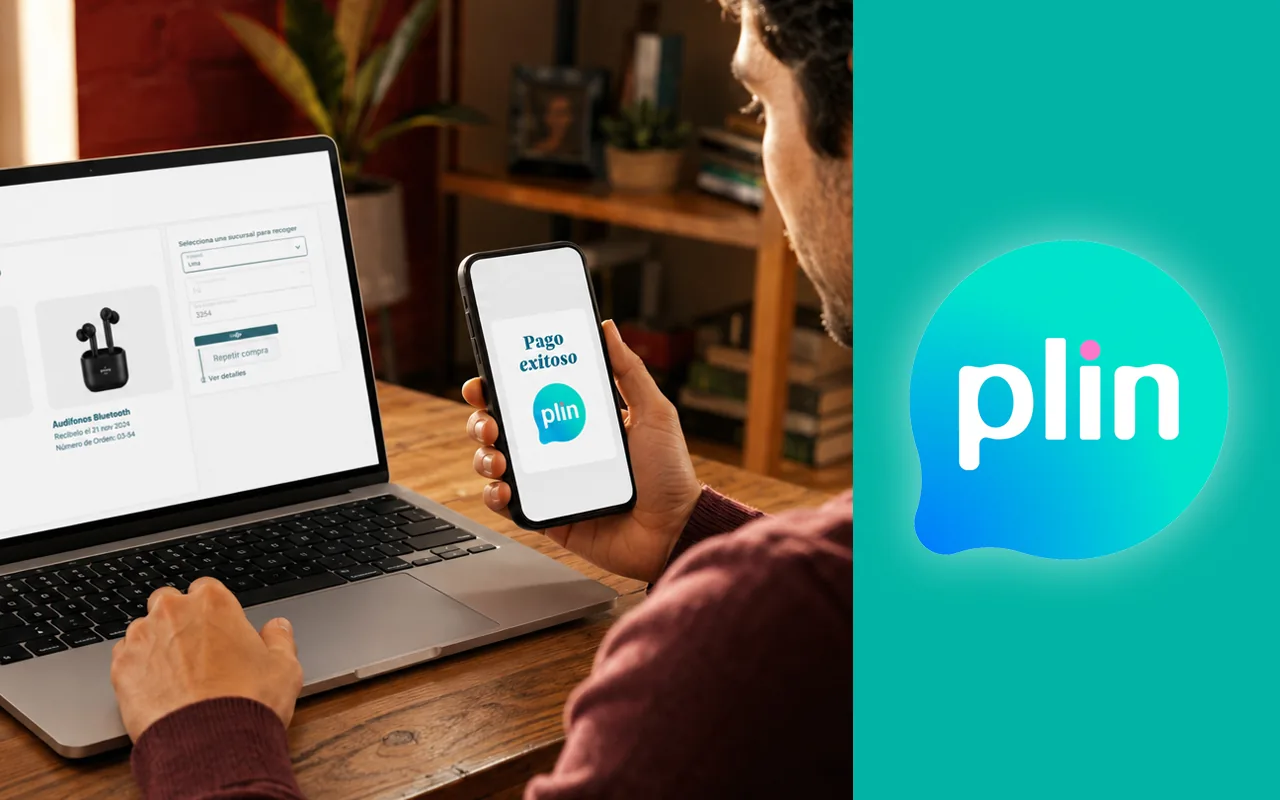 Dueño de un negocio ve en su celular el aviso de pago exitoso con Plin mientras revisa el pedido en su tienda WooCommerce, junto al logotipo de Plin.