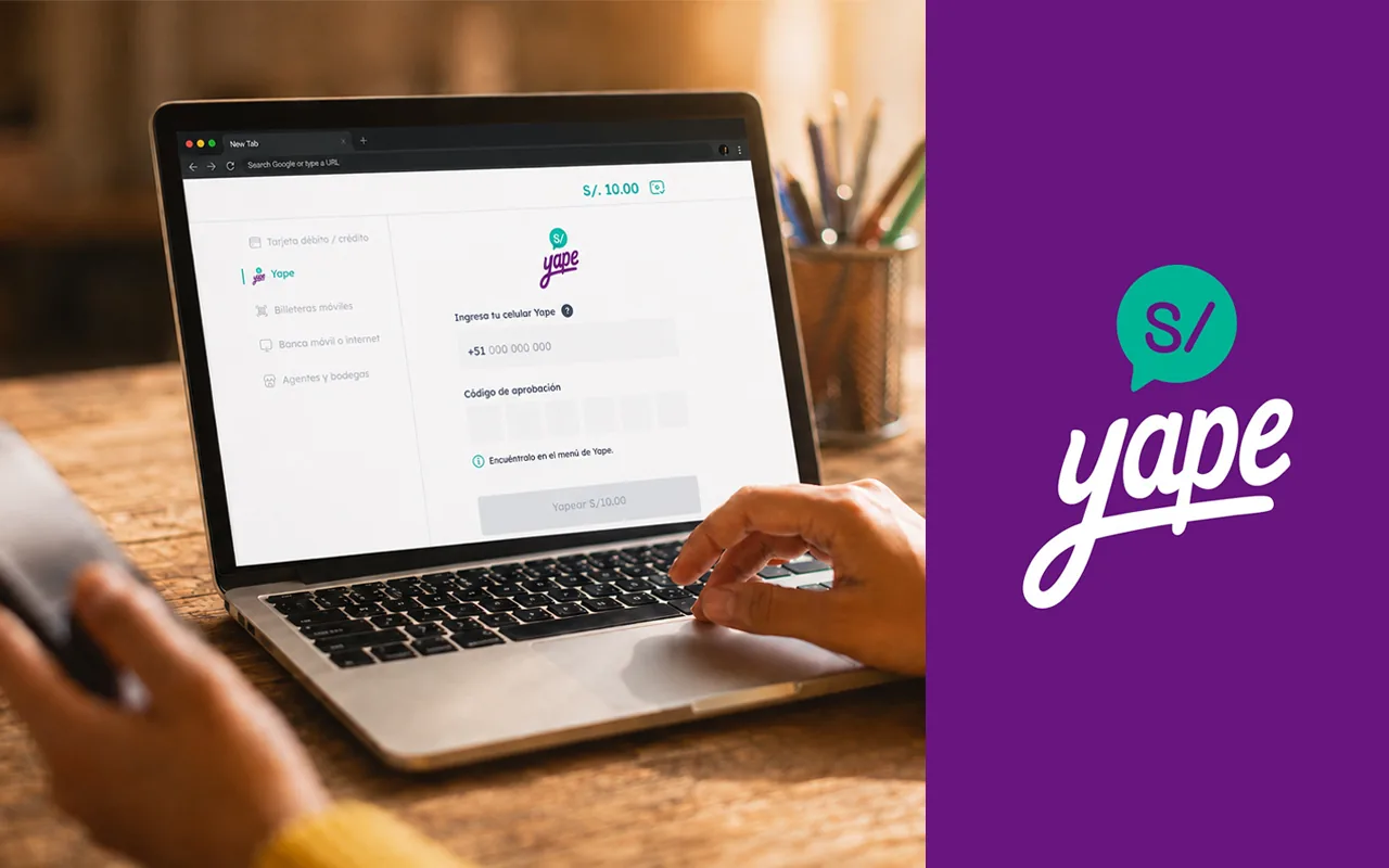Pantalla de pago de una página web peruana con Yape elegido como método, pidiendo el número de celular y el código de aprobación, junto al logotipo de Yape.