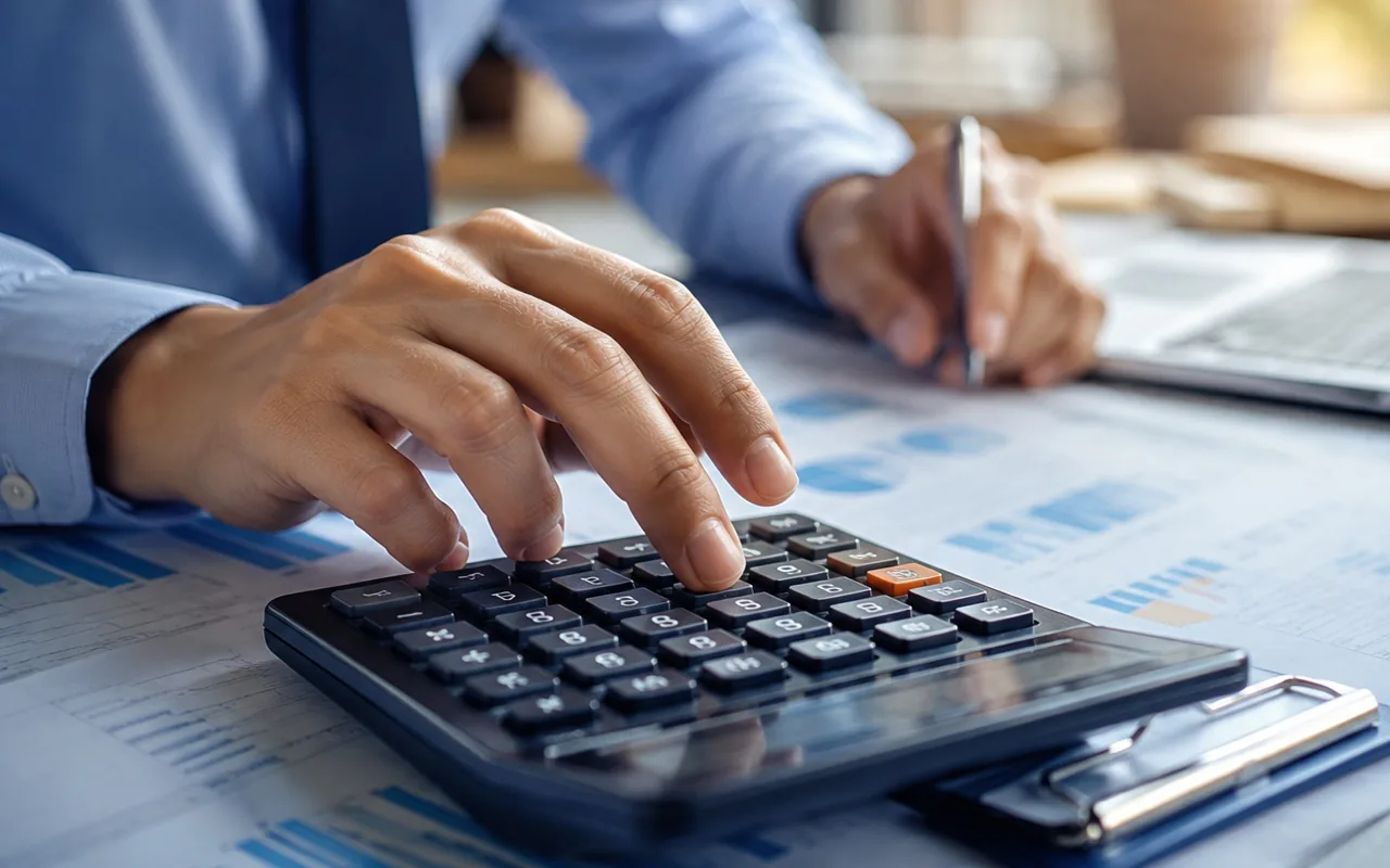 Manos que usan una calculadora sobre hojas con gráficos de ventas para estimar las comisiones de una pasarela de pago.