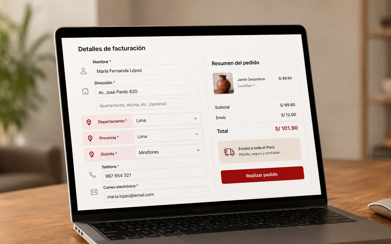 Checkout de WooCommerce en una laptop con los campos Departamento, Provincia y Distrito completados con Lima y Miraflores.