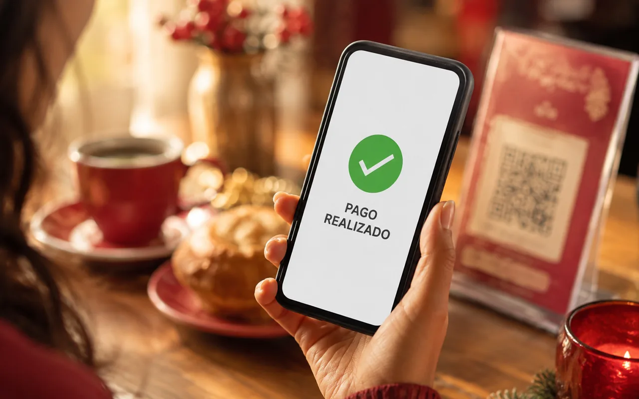 Clienta confirma en su celular el mensaje «Pago realizado» tras cobrar por internet con un código QR sobre la mesa, sin tienda online.