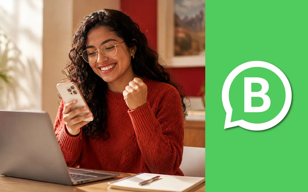 Dueña de un negocio sonríe al leer un mensaje en su celular mientras trabaja en su laptop, junto al logotipo de WhatsApp Business.