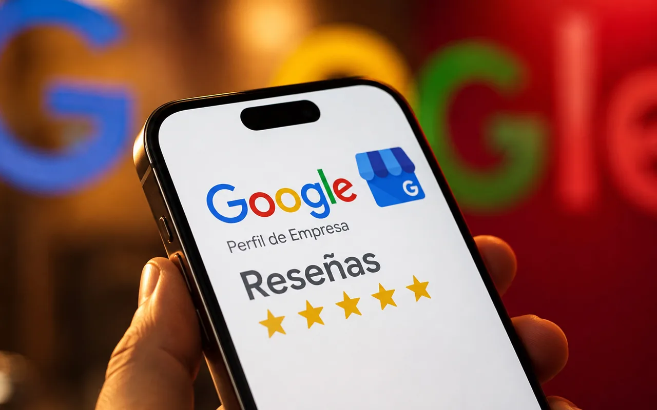 Celular que muestra la sección de reseñas del Perfil de Empresa de Google con cinco estrellas, frente al logotipo de Google desenfocado.