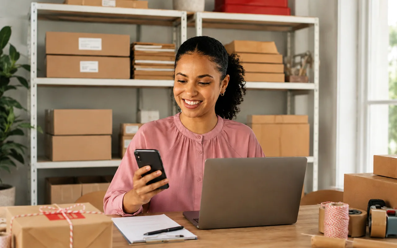 Dueña de un pequeño negocio en Perú revisa desde su celular la página web de su emprendimiento, con la laptop abierta y pedidos listos para enviar.