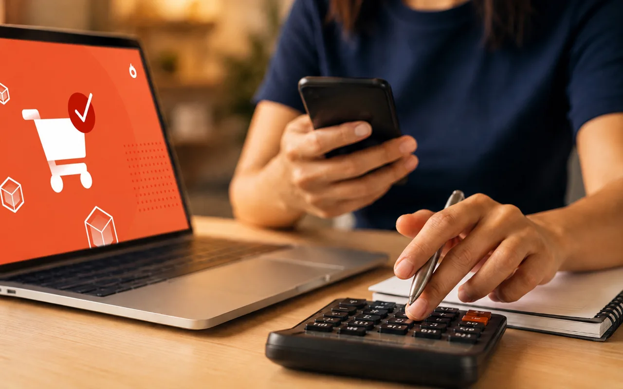 Dueña de un negocio en Perú calcula con una calculadora las comisiones de una pasarela de pago, junto a su laptop con el carrito de compras y su celular.