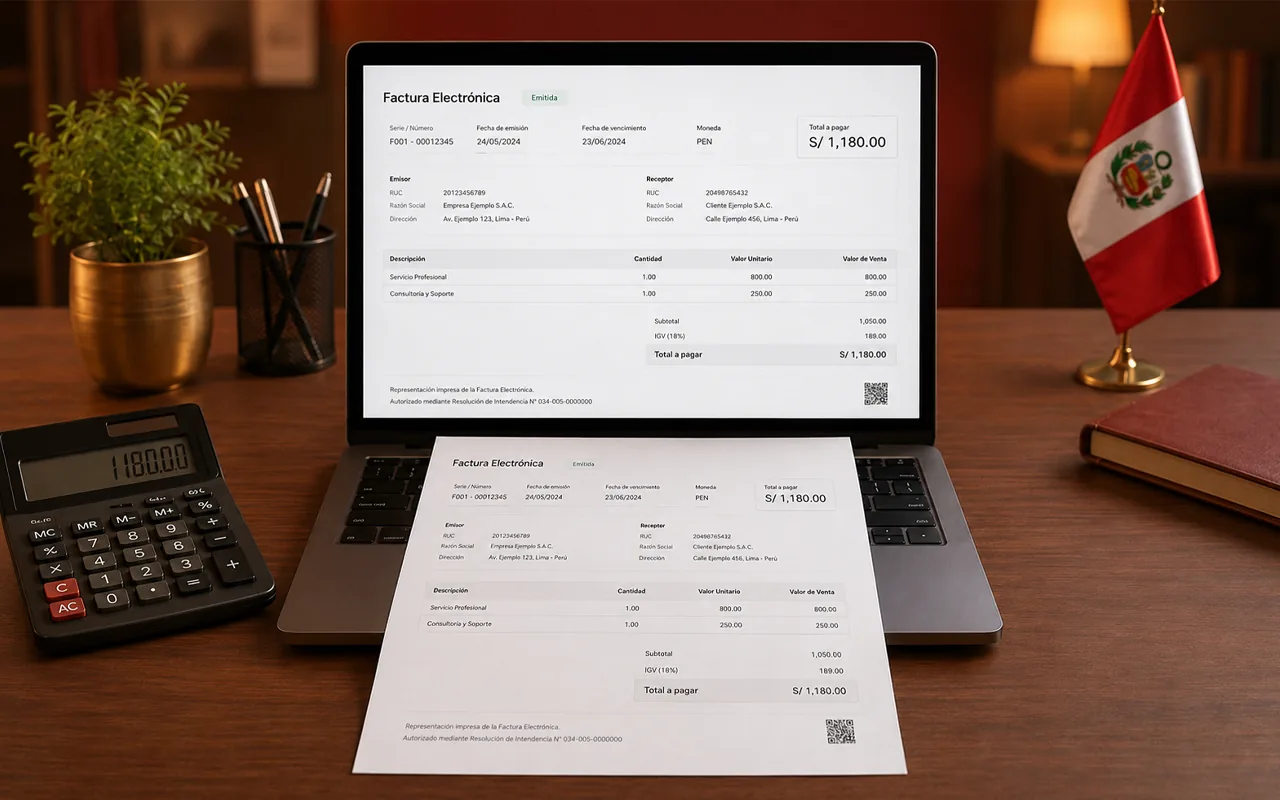 Factura electrónica peruana en soles con el IGV desglosado, abierta en una laptop y también impresa sobre el escritorio, junto a una calculadora y una bandera del Perú.