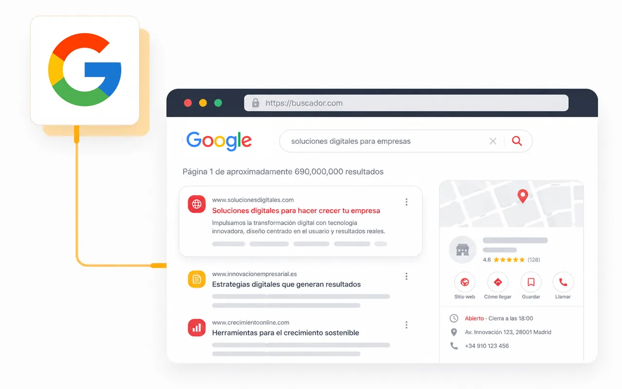 Página de resultados de Google con una web ya indexada en el primer puesto, mostrando su título, su descripción y la ficha del negocio en el mapa.
