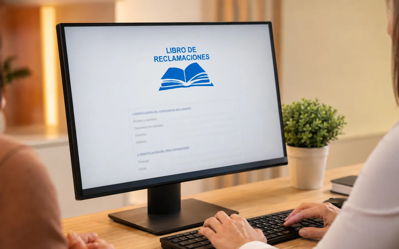 Formulario del Libro de Reclamaciones virtual de un negocio peruano abierto en la pantalla de una computadora mientras se atiende a un cliente.