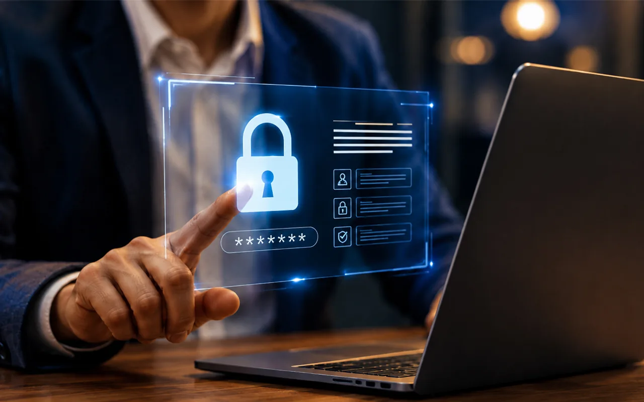 Un dedo toca el candado de un panel de seguridad flotante sobre una laptop, junto a una contraseña oculta y una lista de comprobaciones.