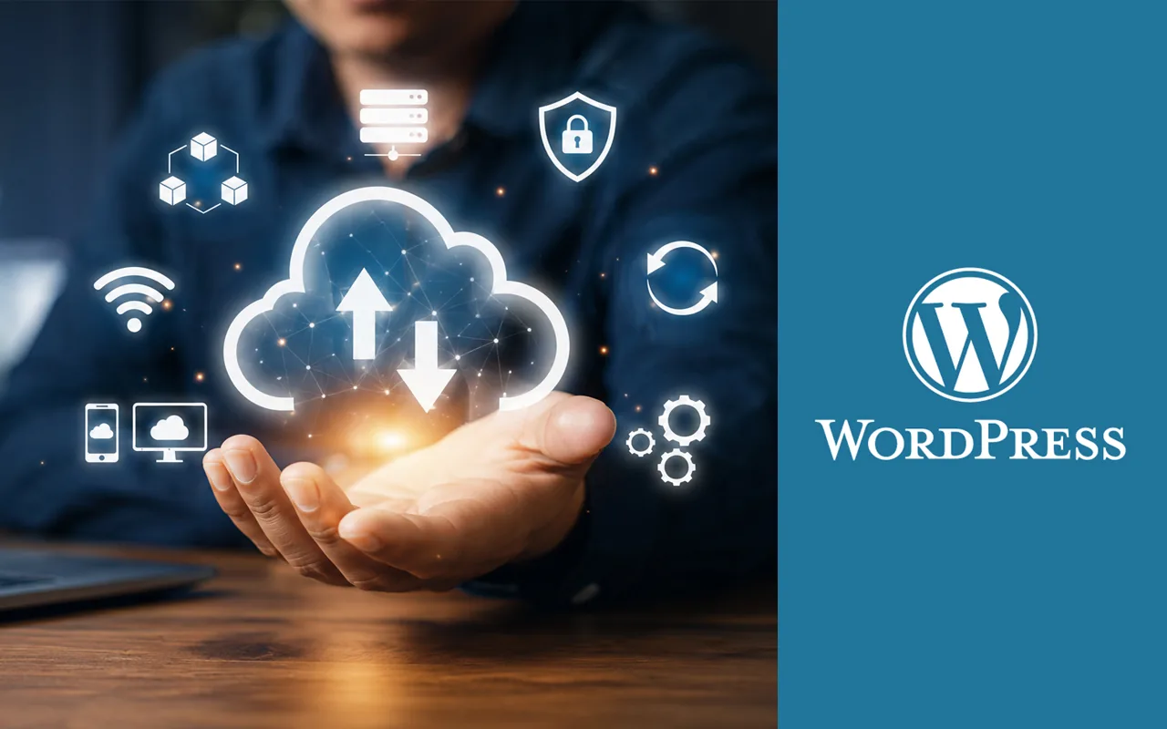 Mano que sostiene una nube con flechas de subida y bajada, rodeada de íconos de servidor, copia de seguridad y candado, junto al logotipo de WordPress.
