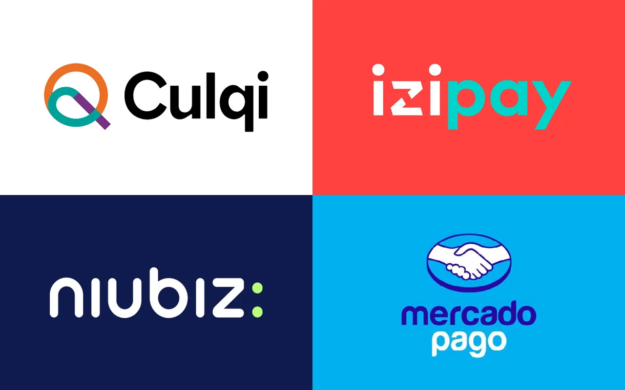 Los logotipos de Culqi, Izipay, Niubiz y Mercado Pago en cuatro cuadrantes, cada uno sobre el color de su marca.