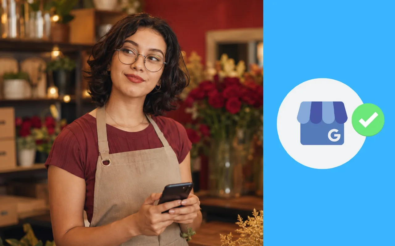 Dueña de una florería sostiene su celular dentro de su local, junto al ícono del Perfil de Empresa de Google con una marca verde de verificación.