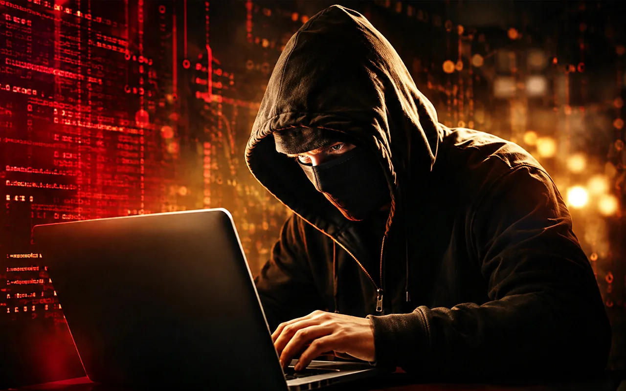 Persona encapuchada teclea en una laptop entre líneas de código rojo, como representación de un ataque contra un sitio WordPress.