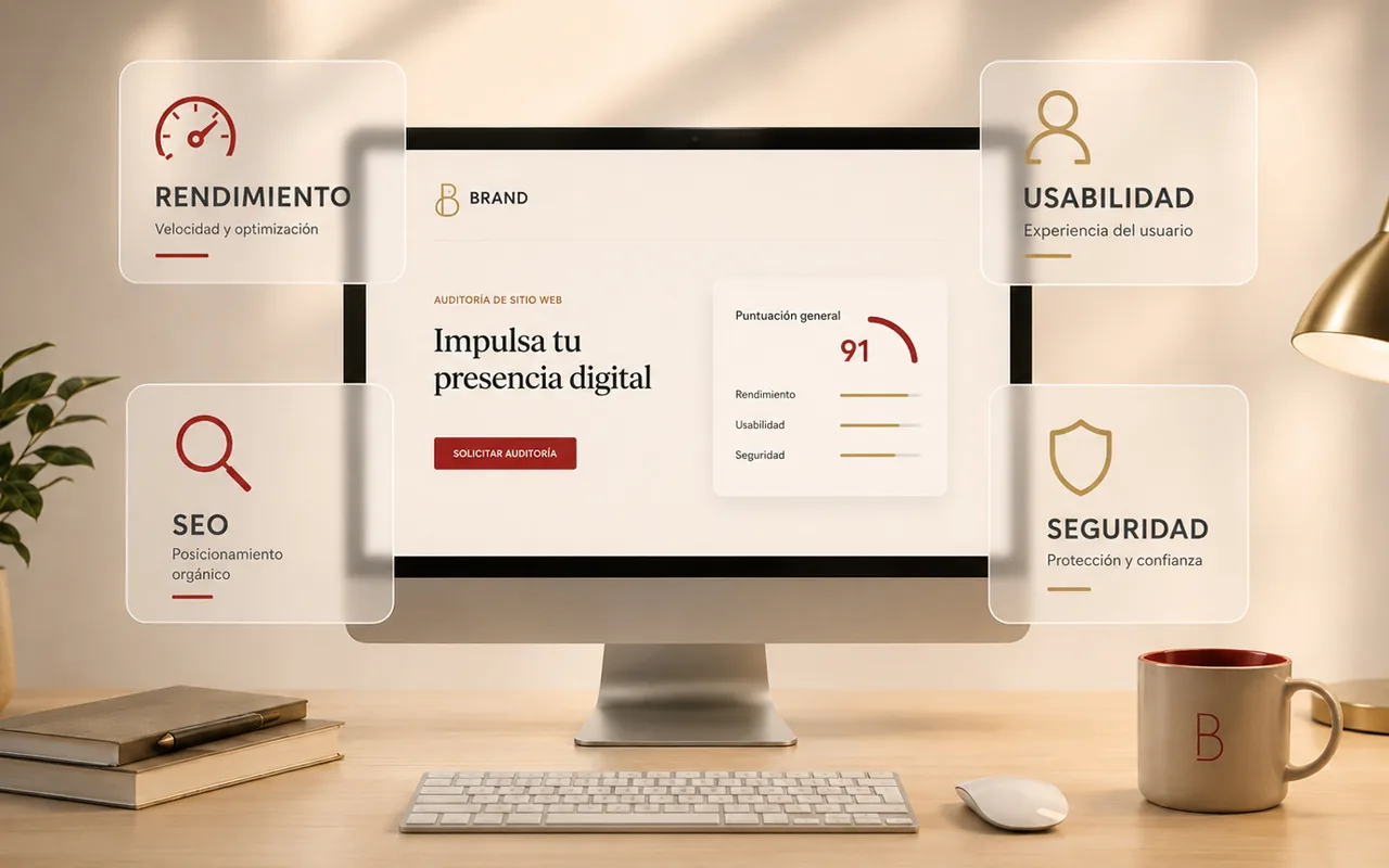Monitor de escritorio con la auditoría de una página web y su puntuación general, rodeado de tarjetas de rendimiento, usabilidad, SEO y seguridad.