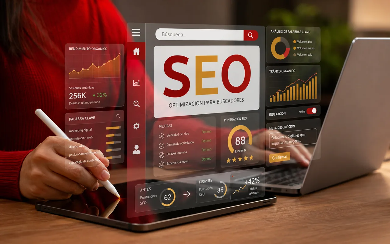 Dueña de un pequeño negocio revisa en su tableta un panel de SEO con el tráfico orgánico, las palabras clave y la puntuación de su sitio, junto a su laptop.