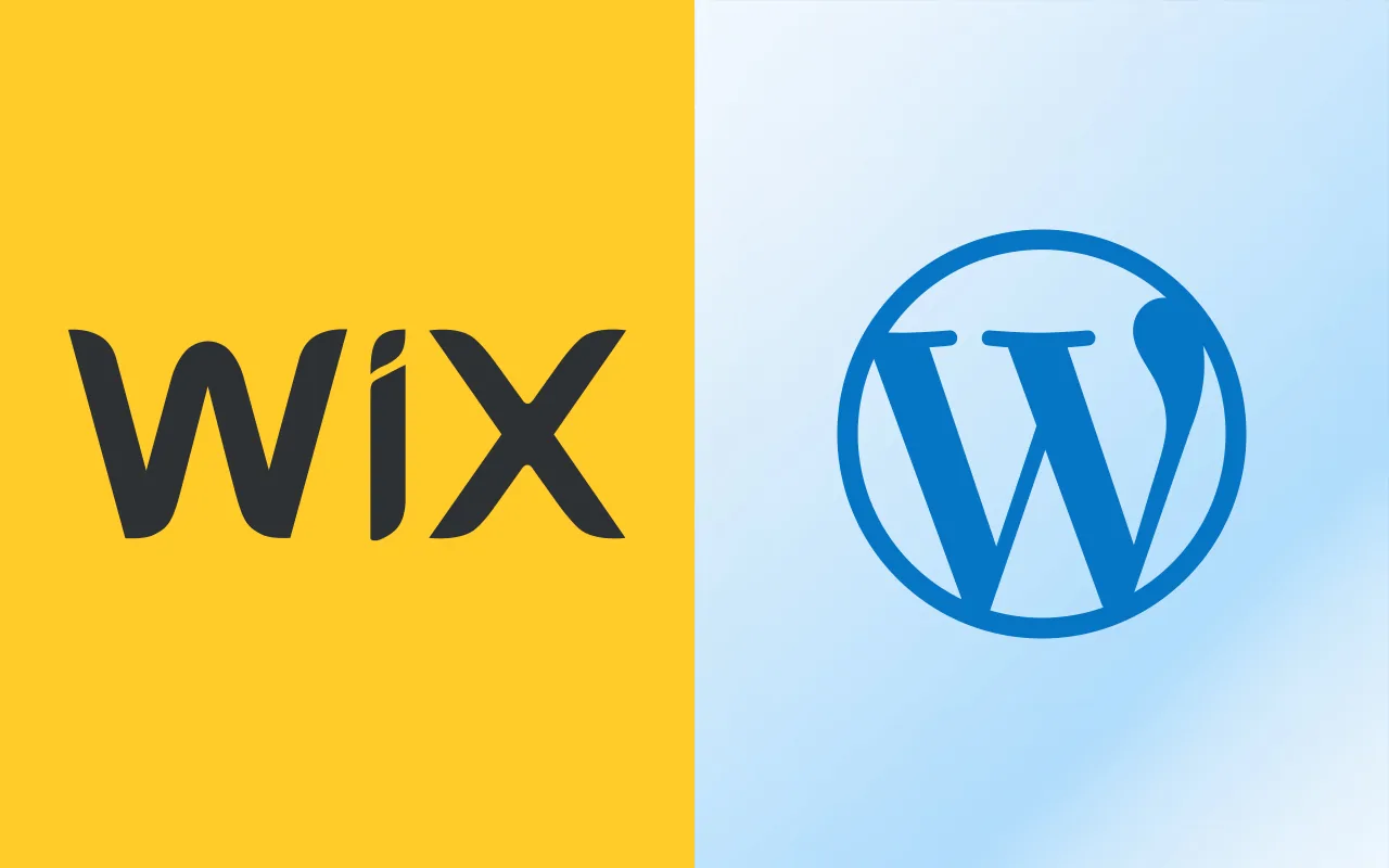 Los logotipos de Wix y de WordPress enfrentados, cada uno sobre el color de su marca.