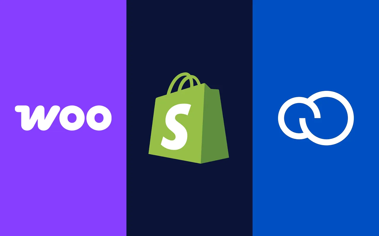 Los logotipos de WooCommerce, Shopify y Tiendanube uno junto a otro, cada uno sobre el color de su marca.